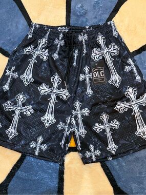 Black Grey Cross Mesh Shorts Metal Tip Drawstrings Pockets NWT